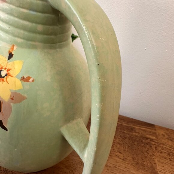 Vintage Denham England Pottery Pitcher Green Floral Hand Painted 1930s Matte - Picture 7 of 9